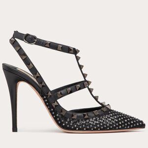 Valentino Rockstud Studded Crystal Mesh Caged Slingback Sandals Heels